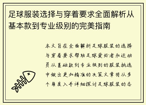 足球服装选择与穿着要求全面解析从基本款到专业级别的完美指南
