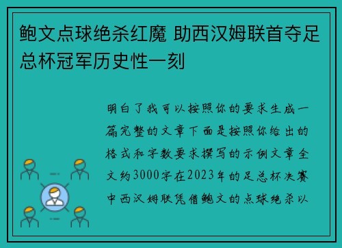 鲍文点球绝杀红魔 助西汉姆联首夺足总杯冠军历史性一刻